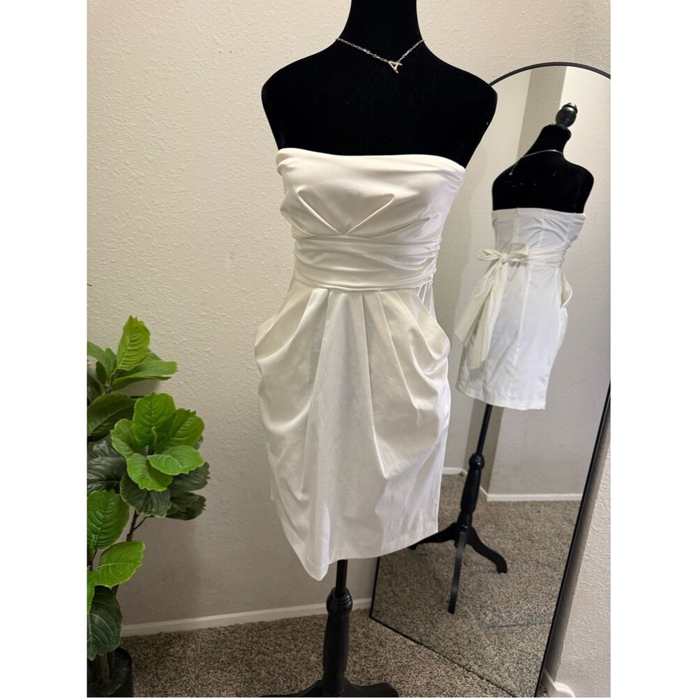Mystic Strapless White Cocktail Dress with Draped Waist and Tie-Back